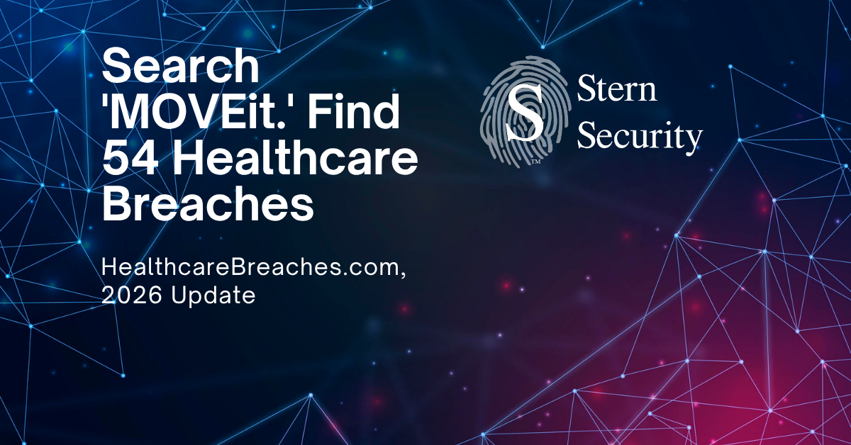 Text graphic reading "Search MOVEit, find 54 healthcare breaches" — HealthcareBreaches.com 2026 update